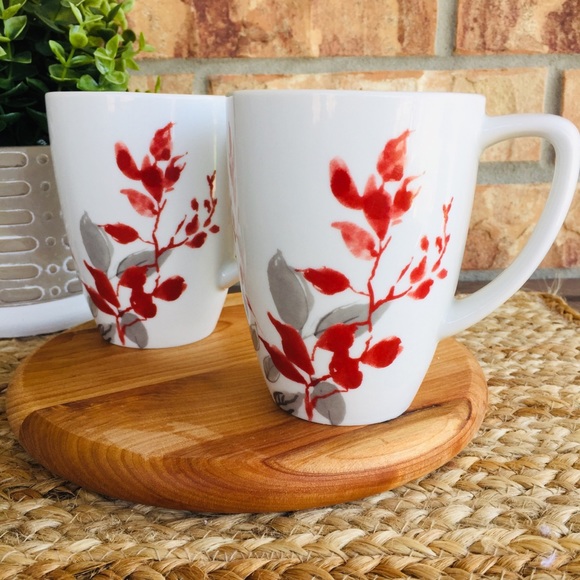 Set of 2 - Corelle Kyoto Red & Gray Leaves Cups - Picture 1 of 5